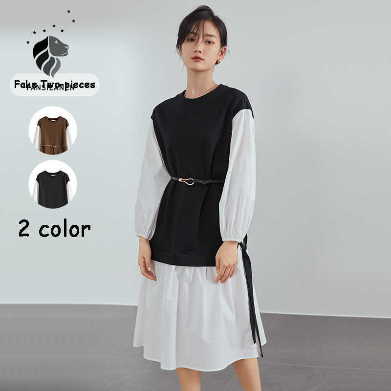 FANSILANEN Fake two piece spring midi dress Women patchwork casual black shirt Female belt bandage loose elegant 210607, Brown
FANSILANEN Fake two piece spring midi dress Women patchwork casual black shirt Female belt bandage loose elegant 210607, Brown