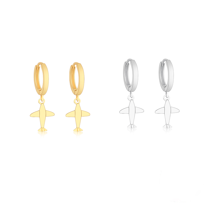 Authentic 925 Sterling Silver Gold Color Aircraft Pendant Hoop Earrings Women Girls Childlike Cute Airplane Jewelry Gift Bijoux