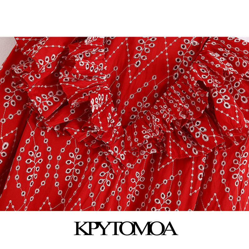 KPYTOMOA Women Fashion Cutwork Embroidery Ruffles Blouses Vintage V Neck Elastic Trims Female Shirts Blusas Chic Tops 210225