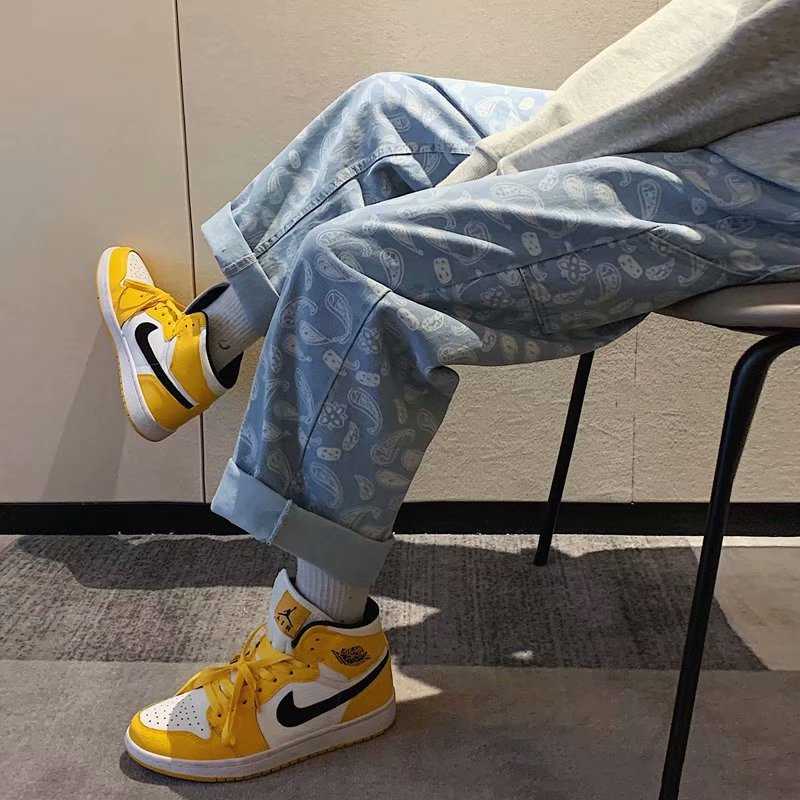 Cashew flower black jeans men's straight tube loose spring and autumn summer Korean fashion men's baggy pants denim trousers 211009