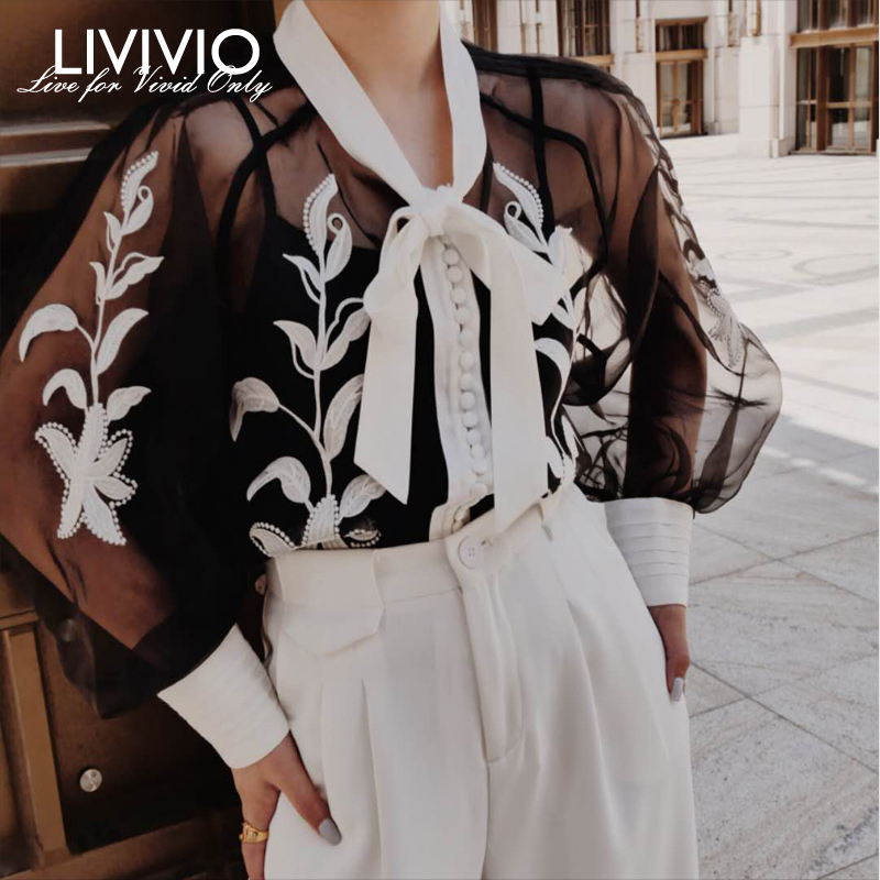 Floral Embroidery Sheer Shirt Summer Clothes Women Bandage Tops Long Lantern Sleeve Vintage Ladies Blouse Korean 210225