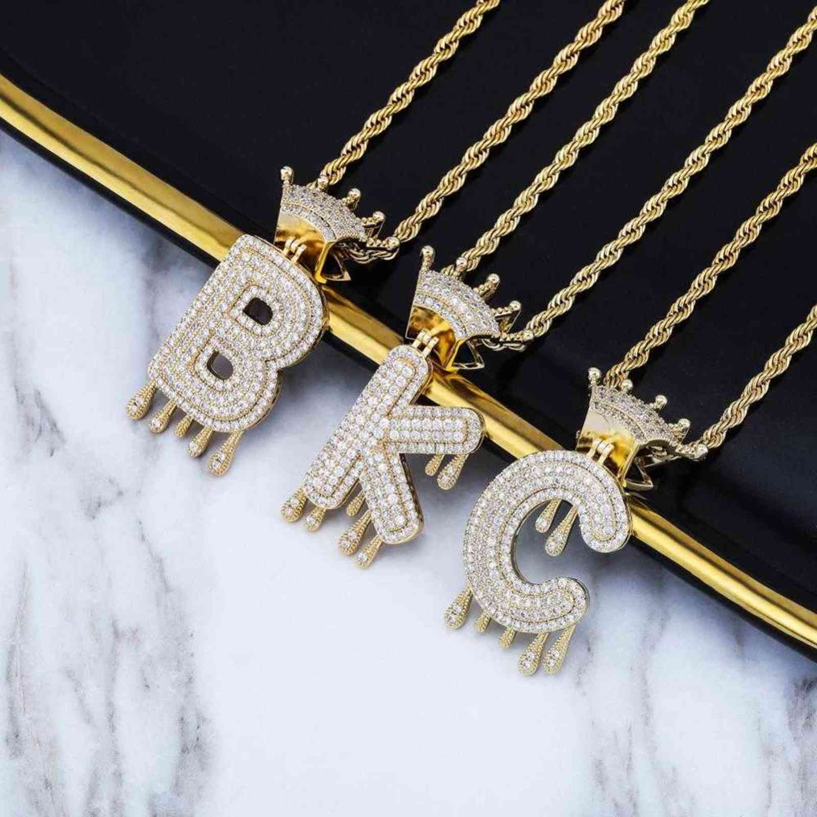 A-Z Initial Bubble Letter Name Crown Drip Letters Pendant Necklaces Men Women Gold Silver Color CZ Hip Hop Jewelry Gifts H1125