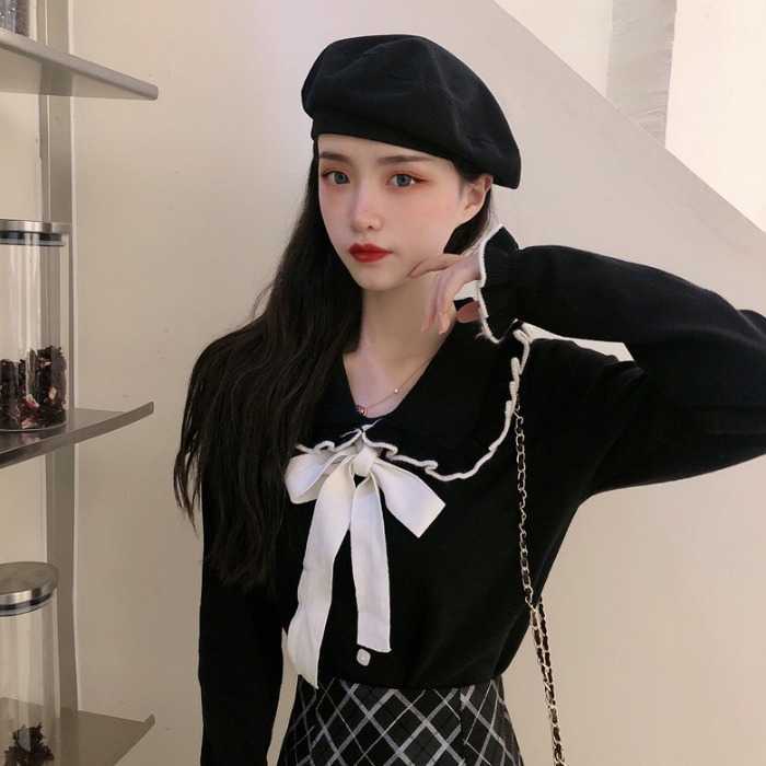 Nomikuma Autumn Sweet Bow Tie Knitwear Korean Ruffle Turn-down Collar Knitted Cardigan Slim Long Sleeve Sweater 6D075 211014