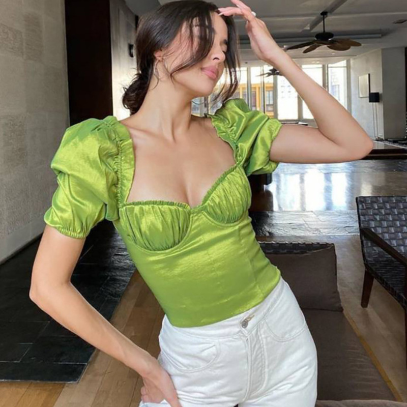 Spring Arrivals Solid Square Collar Pleated Lace Wrapped Chest Open Navel Back Sexy Short Slim T-shirt MZ040 210525, Green
Spring Arrivals Solid Square Collar Pleated Lace Wrapped Chest Open Navel Back Sexy Short Slim T-shirt MZ040 210525, Green