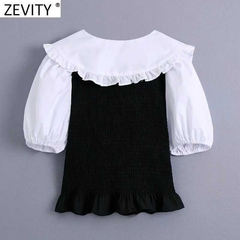 Zevity Women Sweet White Peter Pan Collar Patchwork Black Slim Short Blouse Female Puff Sleeve Shirt Chic Blusas Tops LS9385 210603