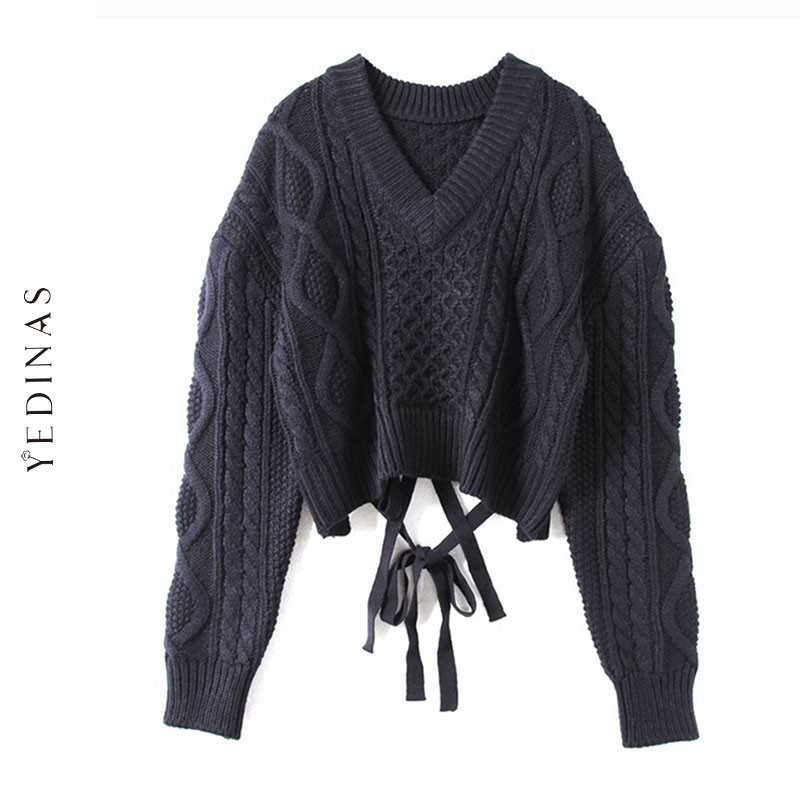 Yedinas Autumn Winter Sweater Women Sweaters And Pullovers Pull Femme Long Sleeve Lace Up Black Jumper Female Knitted Tops 210527