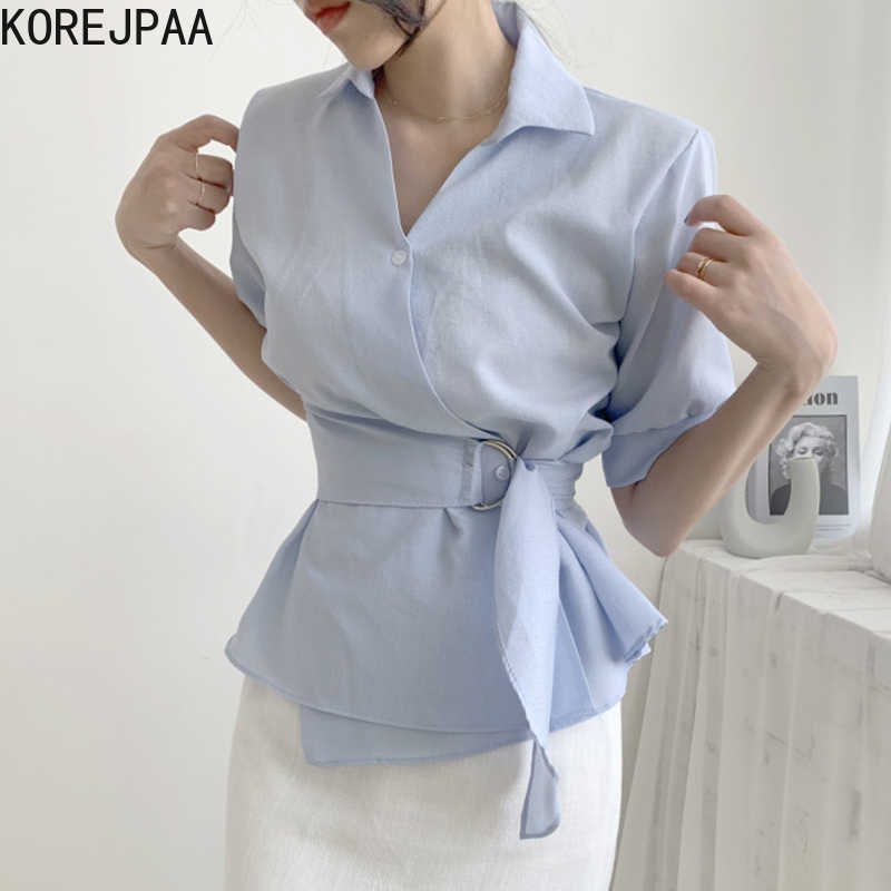 Korejpaa Women Shirt Summer French Elegant Temperament Thin V-Neck Cross One Button Irregular Waist Short-Sleeved Blouses 210526, Blue
Korejpaa Women Shirt Summer French Elegant Temperament Thin V-Neck Cross One Button Irregular Waist Short-Sleeved Blouses 210526, Blue
