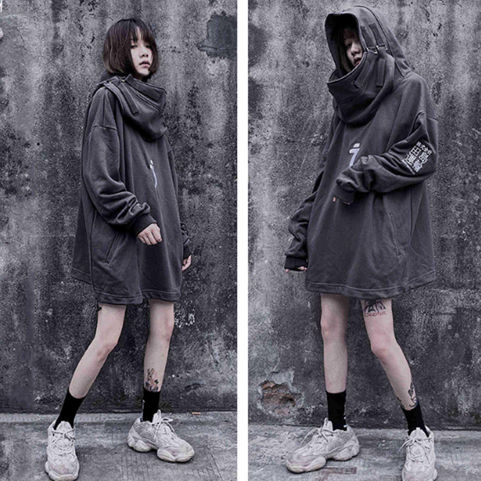 11 BYBB'S DARK Japanese Streetwear Hoodie Men Harajuku Neck Fish Mouth Pullovers Sweatshirts Oversized Hip Hop Hoodies Techwear 211116