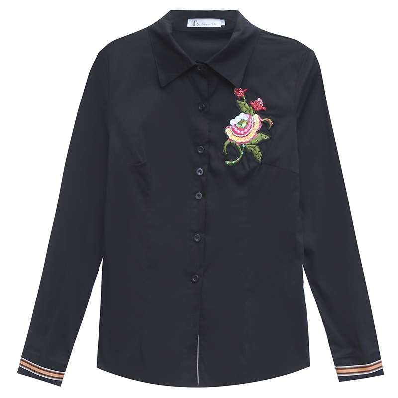 New Summer Korean Clothes Embroidery Flower Blouse Womon Beading Diamonds Woven Nylon Shirt Women Long Sleeve Tops T02503 210225