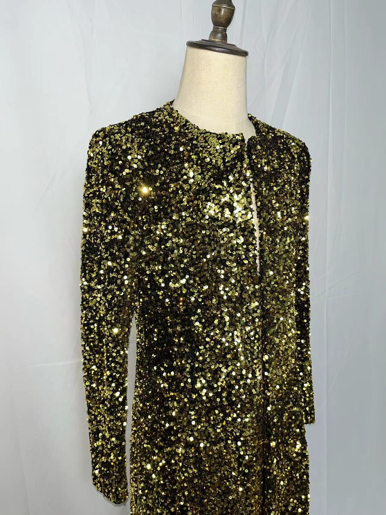 Male Singer Nightclub Bar Shiny Long Coat Stage Wear Star Concert Gold Silver Sequins Outerwear Models Catwalk Show Glitter Overcoat Performance Cloth