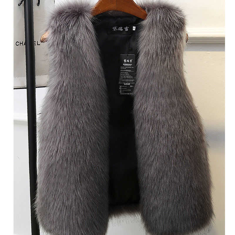 Winter Female Fur Vest Coat Warm White Black Gray Jacket Large Size 2XL Sleeveless 210819