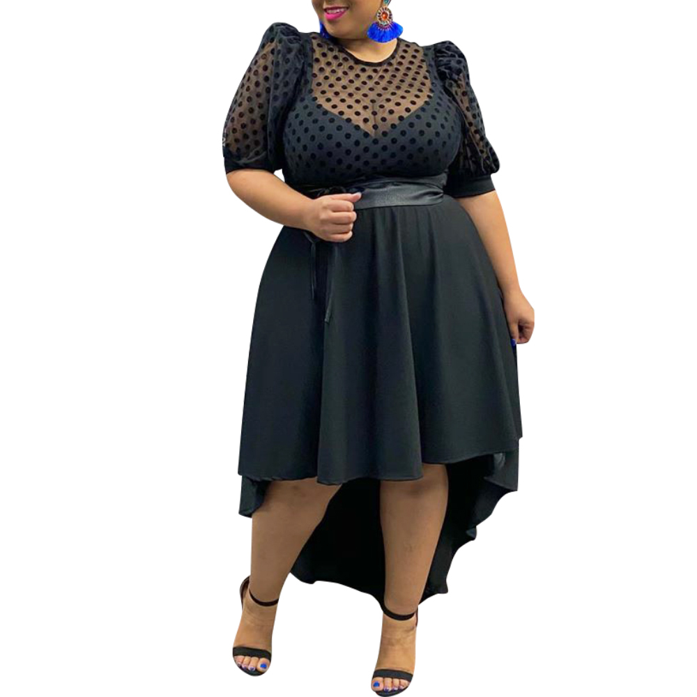 6XL Plus Size Black Dress For Women Puff Sleeve Asymmetrical Dresses Female Vintage Polka Dot Dress With Sashes Party Dress D20 210309