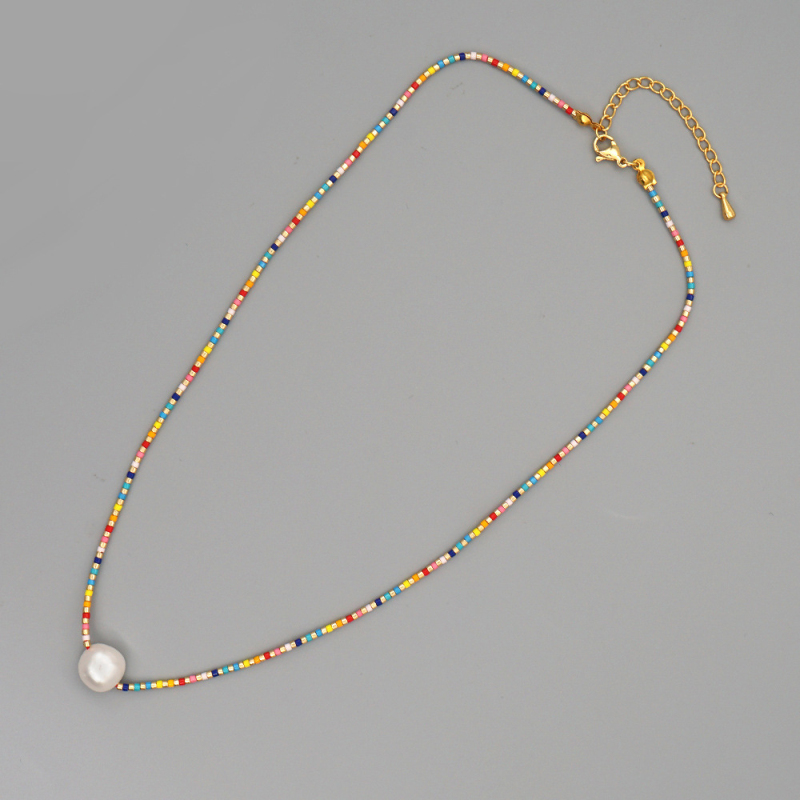 Colorful Design Glass Beaded Pearl Charm Necklace Bohemian Style Women Jewelry