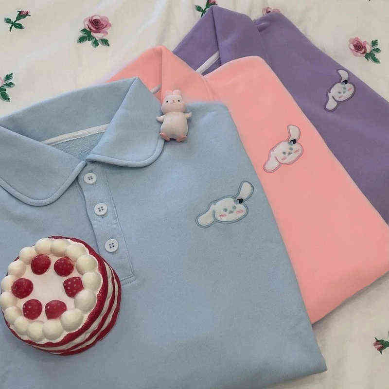 QWEEK Kawaii Hoodies for Girls Anime Polo Sweatshirt Women Long Sleeve Pink Pullovers Harajuku Sportswear Kpop Soft Cute Tops 211108