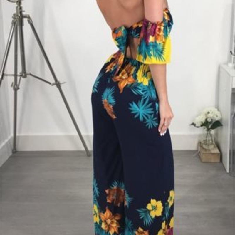 Women Summer Jumpsuit Off Shoulder Backless Bandage Floral One Piece Long Pant Clubwear Party Jumpsuit T200303