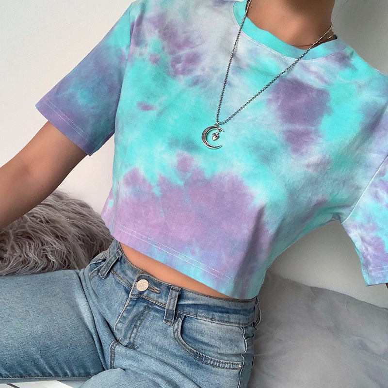 Tie Dye Oversized Cropped T shirt Women Summer Short Sleeve Casual Loose Cotton Crop Top T-shirts Hip Hop Streetwear Tops T200614
