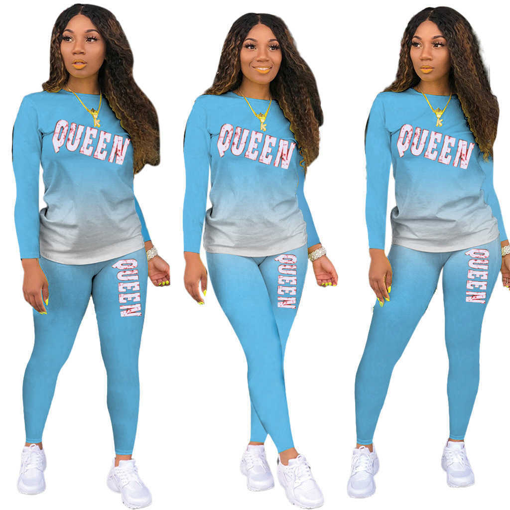 Autumn Winter Plus Size Home Suit Women Letter Print Gradient Color Tracksuits Pullover Long Sleeve Top+Pencil Pants 2 Piece Set 210604