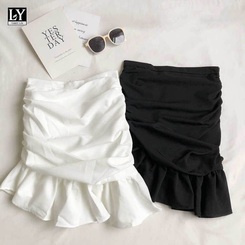 LY VAREY LIN Summer Women Casual Irregular A-line White Mini Skirts Sweet High Waist Solid Color Black Folds Fishtail 210526