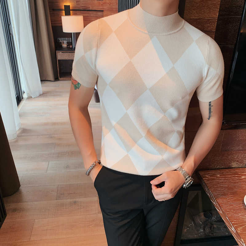 British Style Autumn Winter Short Sleeve Sweater Men Clothing Fashion Diamond Lattice Turtleneck All Match Casual Slim Pullovers 211018