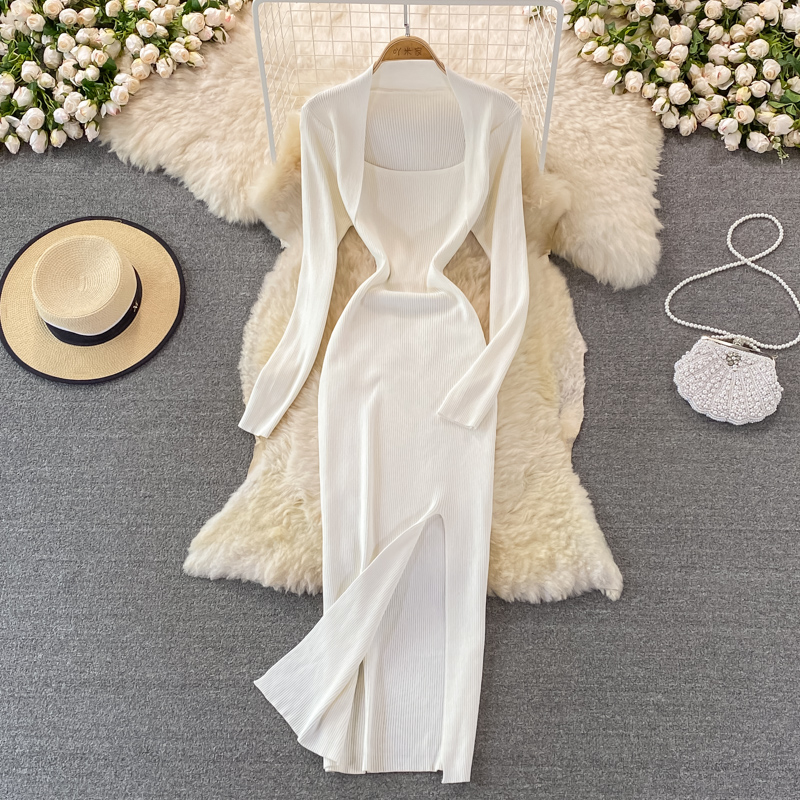 Autumn new design womens sexy retro square collar long sleeve solid color knitted vent jag maxi long dress