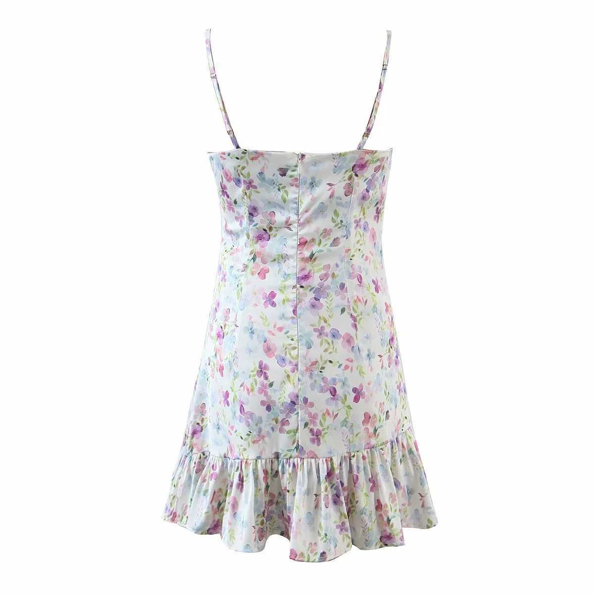 DEAT Women Ruffles Printing Sling Dress V-neck Sleeveless Arrivals Lady Sexy Temperament Fashion Spring Summer 11D1703 210709