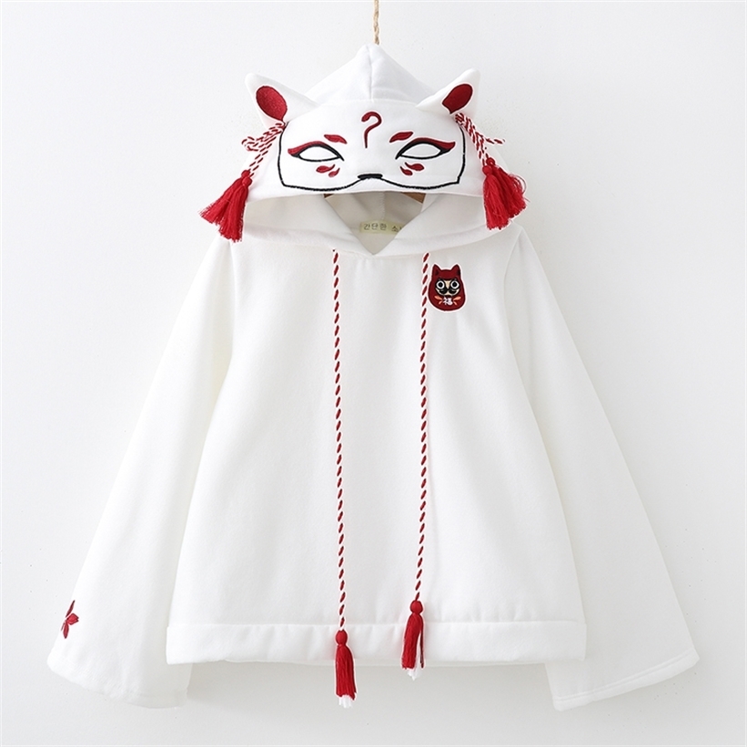 Japanese Retro 3D Fox Ear Embroidery Hoodie Cartoon Anime Girls Kawaii Hooded Pullover Hoodies Sweatshirt Harajuku Coat 201217