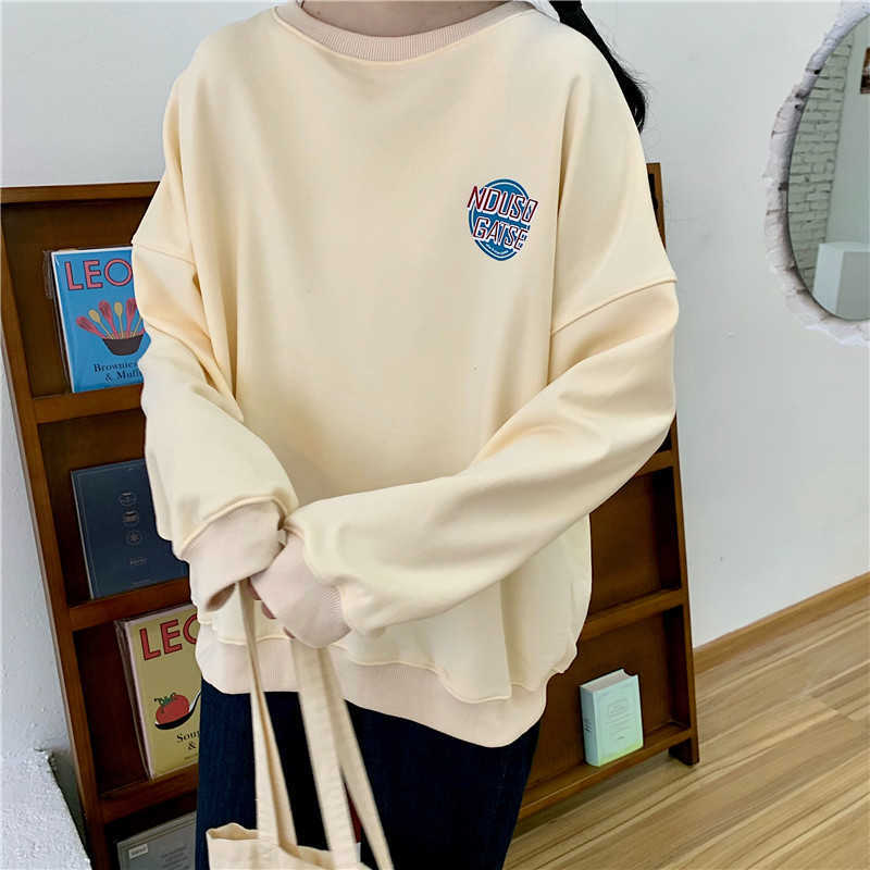 Qooth Sweatshirt Women O-Neck Tops Oversize Japanese Style Harajuku Students Long Pullovers Grey Loose QT282 210609