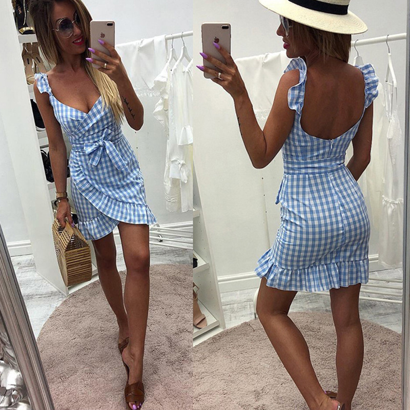 women casual Plaid Dress vintage ruffle backless wrap Sexy Dresses Sleeveless v neck tie waist Mini Summer dress 210309