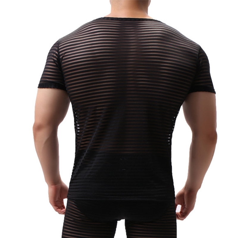 Mens Transparent Sexy Mesh T Shirt See Through Striped Short Sleeve Muscle Sleep Undershirts Nightclub Perform Top Tees 210629