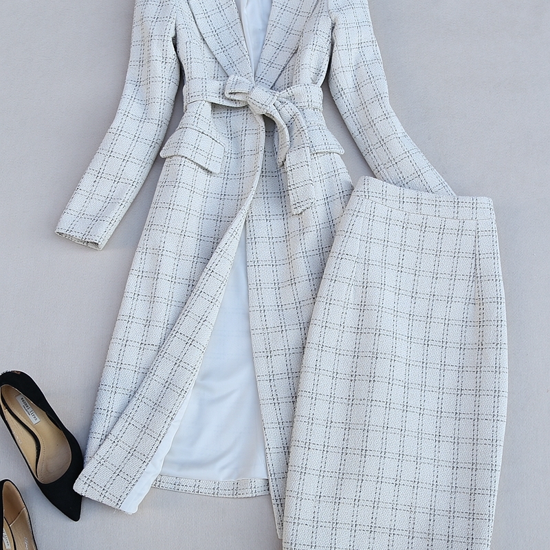 High Quality Women's Winter Suit: Plaid Long Coat & Skirt Set, Elegant Slim B4