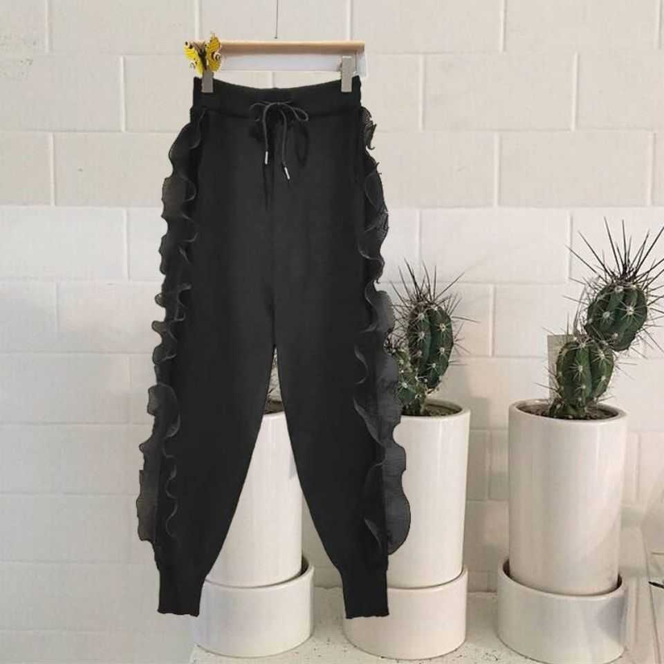 Nomikuma Autumn Winter Knitted Harem Pants Korean Ruffle Patch Long Trousers Causal Lace Up High Waist Sweater 6D433 211115