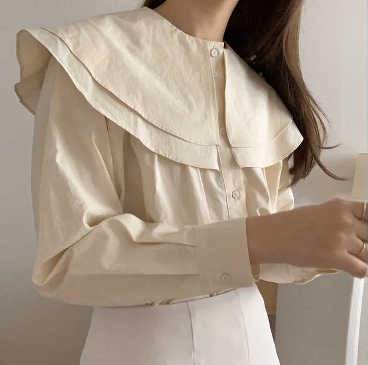 Korea Women Sweet Ruffled Collar Shirts Beige Girls Blouse Chic Long Sleeve Tops 210615