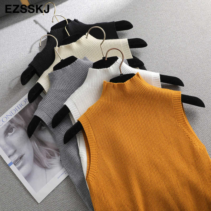 Autumn SPRING Solid elegant sleeveless Sweater Pullovers Women turtleneck fashion female basic knit Jumpers top 211018