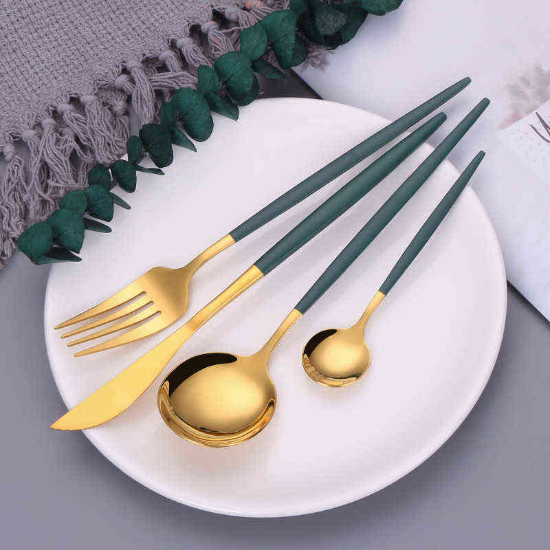Flatware 18/10 Stainless Steel Cutlery Set Green Gold Dinnerware Spoon and Fork Set Fruit Forks for Kids Chopsticks Dropshipping H110 от DHgate WW