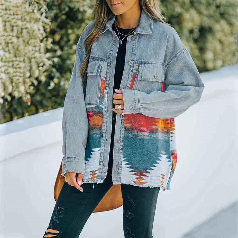 Women' Jackets Women Patchwork Denim Jacket Aztec Print Shacket Button Down Lapel Shirt Coat Long Sleeve Loose Casual Cardigan Tops, Blue
Women' Jackets Women Patchwork Denim Jacket Aztec Print Shacket Button Down Lapel Shirt Coat Long Sleeve Loose Casual Cardigan Tops, Blue