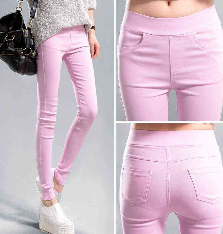 Candy Color Women's Stretch Pencil Pants for Women Elastic High Waist Skinny Leggins Femme Green Pink White Grey Purple Leggings 211115