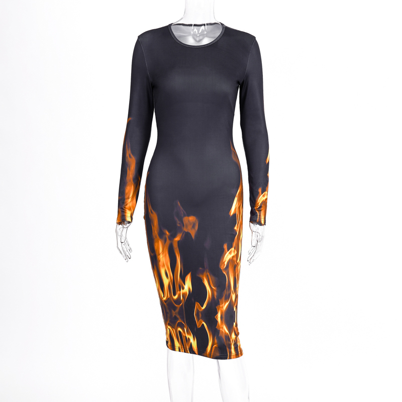 Hugcitar long sleeve fire print sexy bodycon dress autumn winter women fashion Streetwear outfits 201008