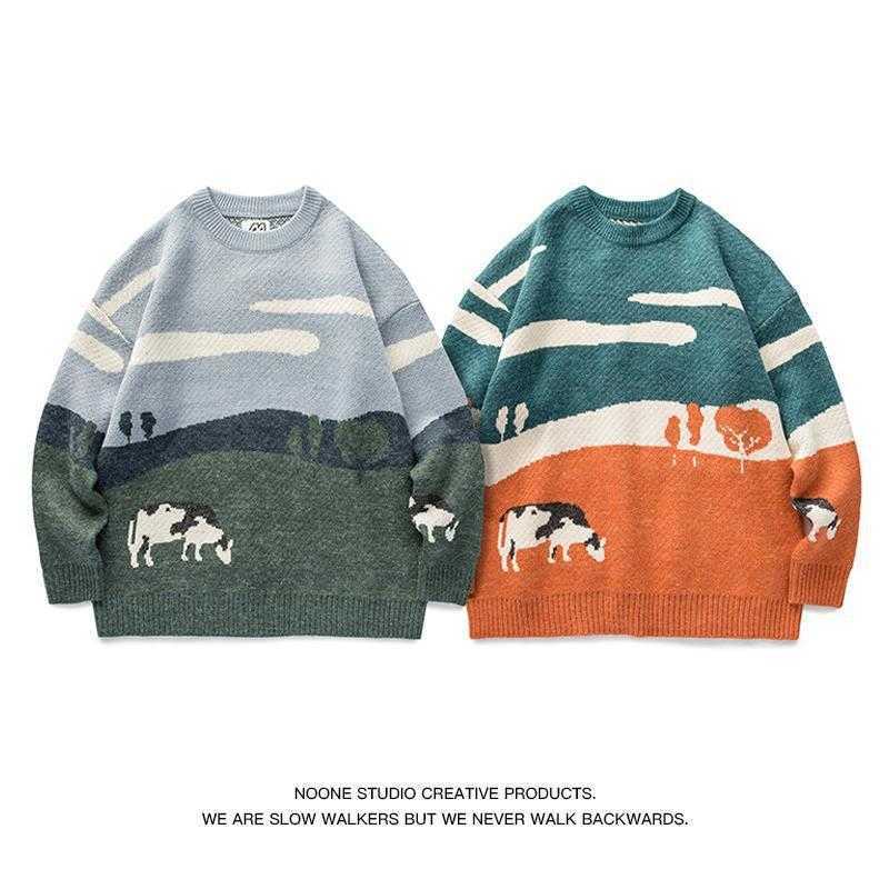 2021 New Cow Pattern Jacquard round Neck Sweater Pullover Color Matching Casual Sweater Y0907