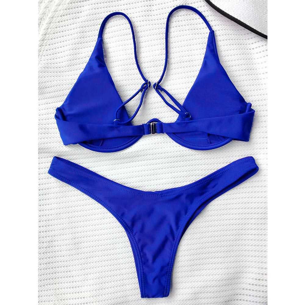 Push Up Plunge Bathing Suit Swimsuit Women Underwired Spaghetti Straps Swimwear Plunging Neck Padded Bikini Set 210625