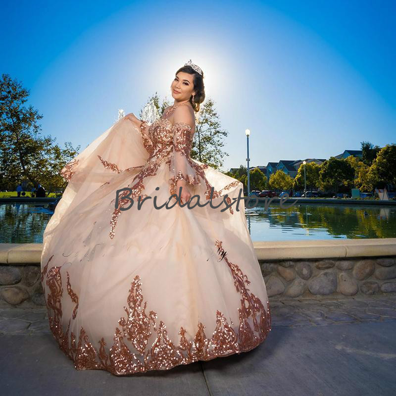 Sparkly Rose Gold Sequin Quinceanera Dresses Elegant Sweetheart Plus Size Prom Party Dress 2021 Beaded Fluffy Tulle Mexican Sweet 15 Dress