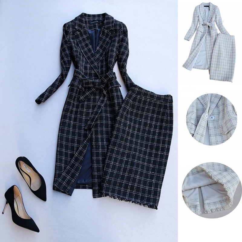 High Quality Women's Winter Suit: Plaid Long Coat & Skirt Set, Elegant Slim B4