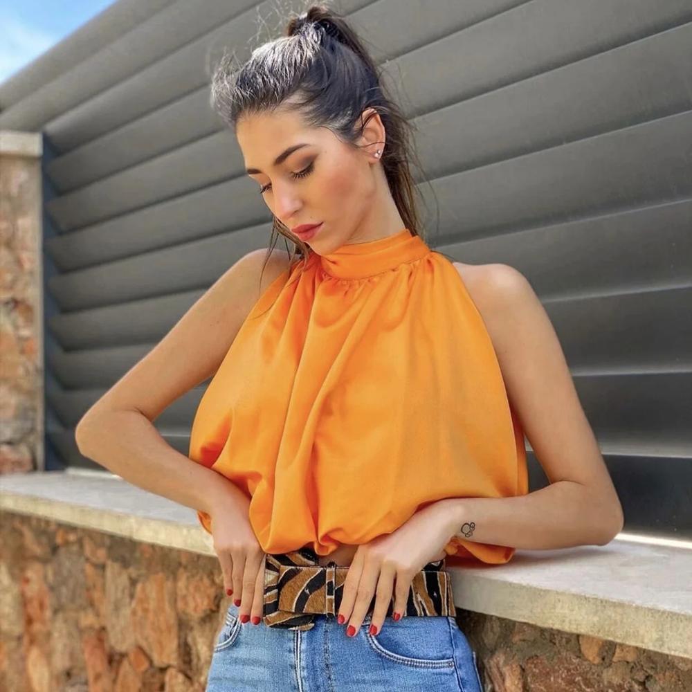 Klacwaya Women Sexy Blouses Orange Crop Ladies Shirts Halter Sleeveless Girl Summer Blusas Clothing Female Chic Tops 210225