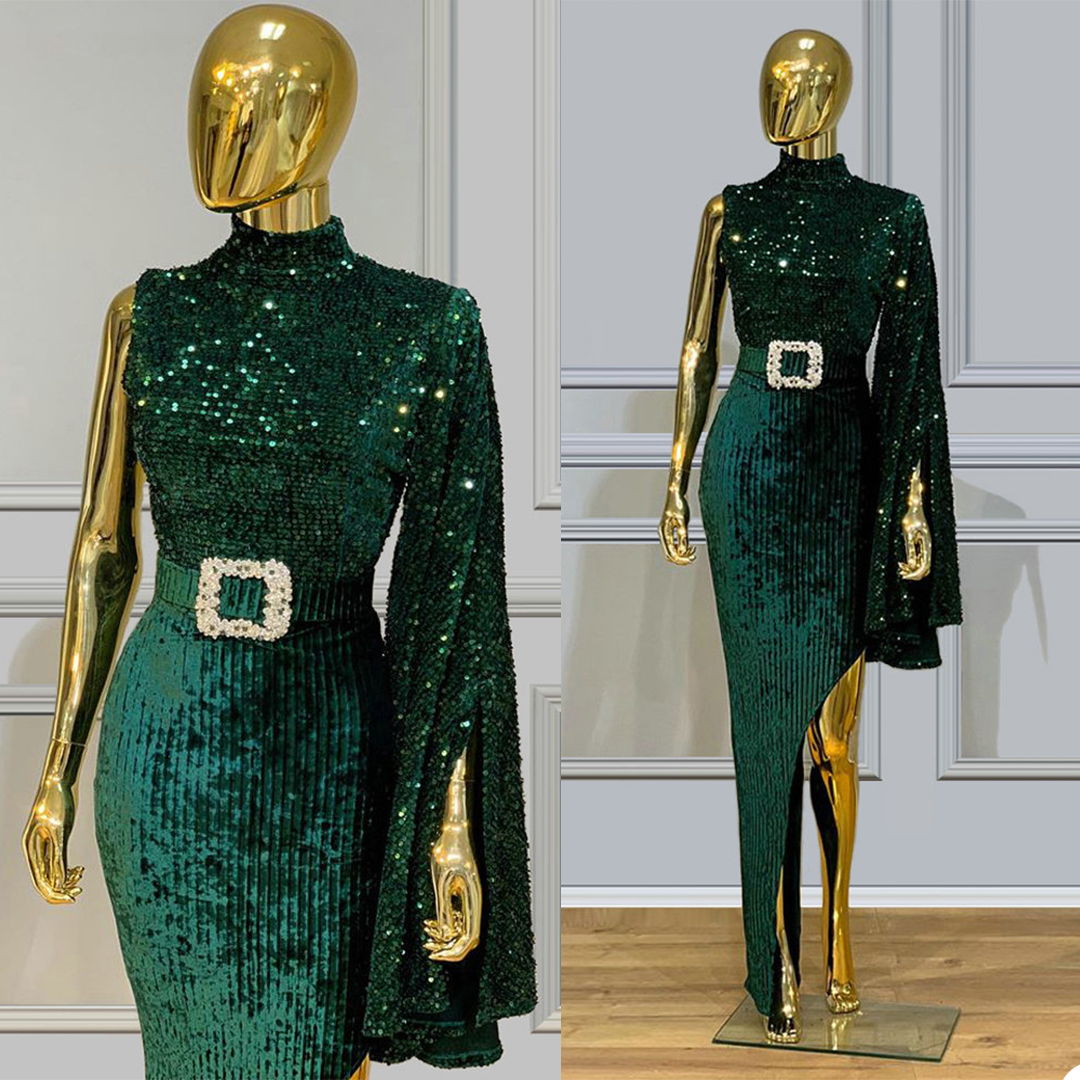 Luxury Glitter Prom Dresses With Belet Bead Sequins High Neck Long Sleeves Evening Dresses Dubai Arabic Sweep Train Custom Made Pageant Gown