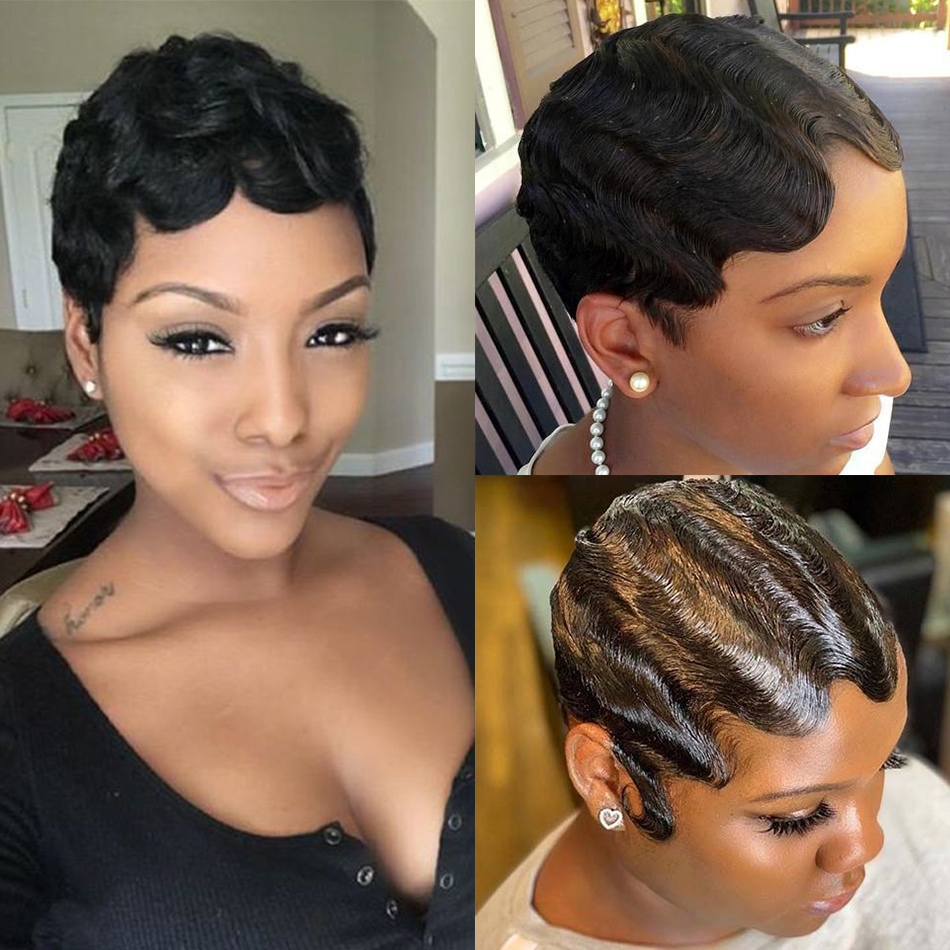 Short Pixie Cut Human Hair Wigs Really Cute Finger Waves Hairstyles for Black Women Full Machine Made Wigs Perruque Cheveux