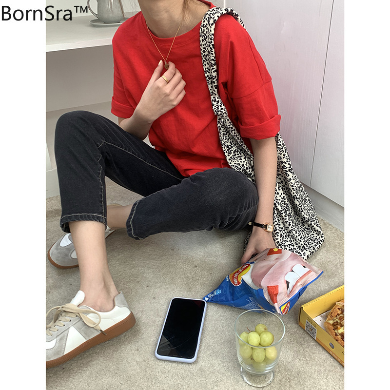 Bornsra Basic Solid-color Round-neck Short-sleeved T-shirt Women's Spring Korean Version of Loose-fitting Jacket T1566 210306