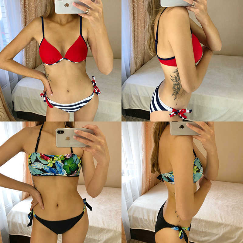 Sexy Push Up Bikini Micro Swimwear Women Print Swimsuit Female Striped Low Waist Bandage Set Two-Piece Suits XL 210611