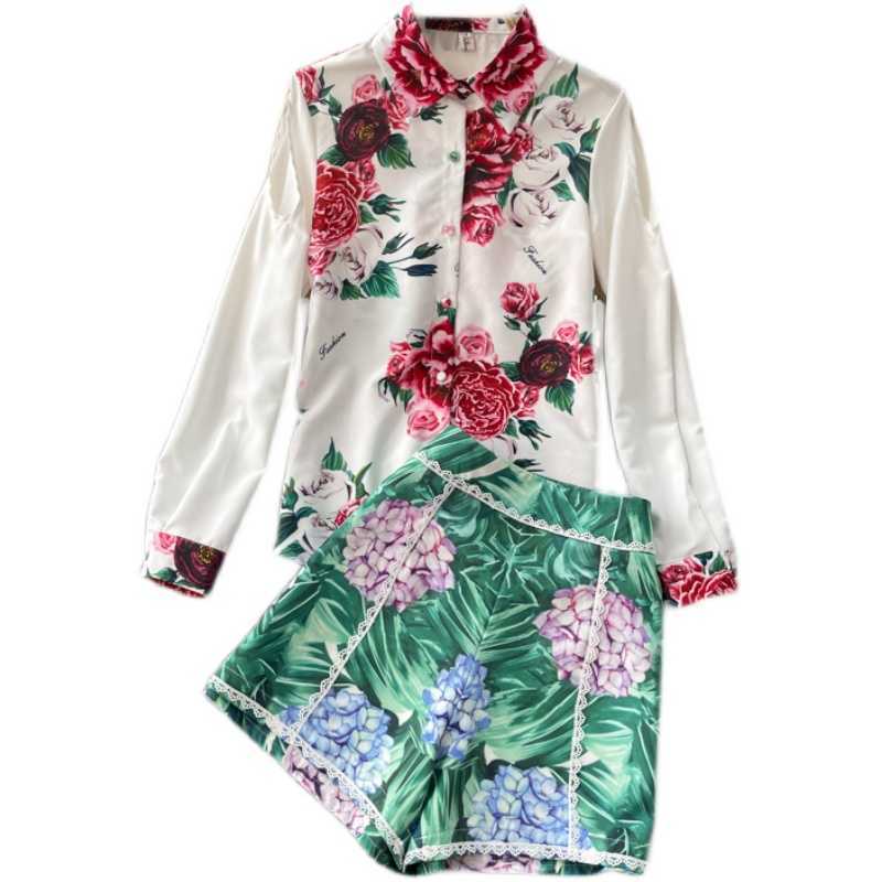 DEAT Women Tprinting Shorts Arrivals Lapel Long Sleeve Two Piece Set Fashion Temperament Spring Summer 11D59109M 210709