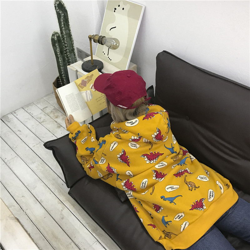 New Winter Korean Preppy Style Dinosaur Cartoon Print Cute Large Vintage ins Cartoon Loose Pullovers Ulzzang Hooded sweatershirt T200904