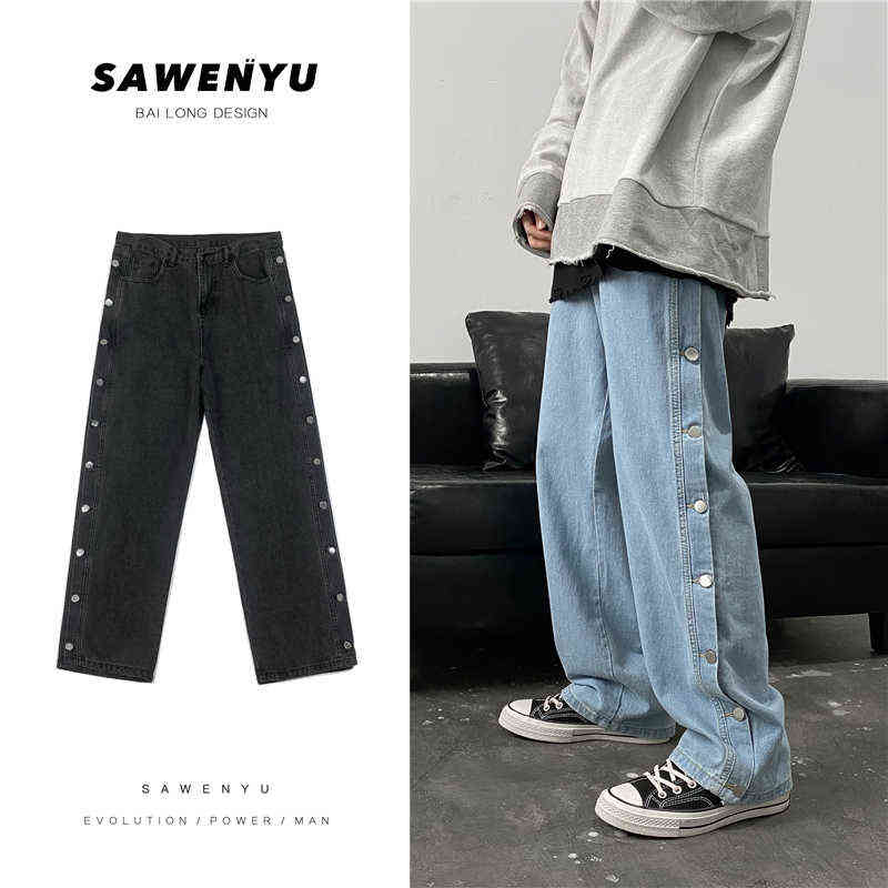 Double Side Button Straight Jeans Men Fashion Streetwear Loose Casual Hip Hop Trousers Wide Leg Harajuku Cargo Pants 211111