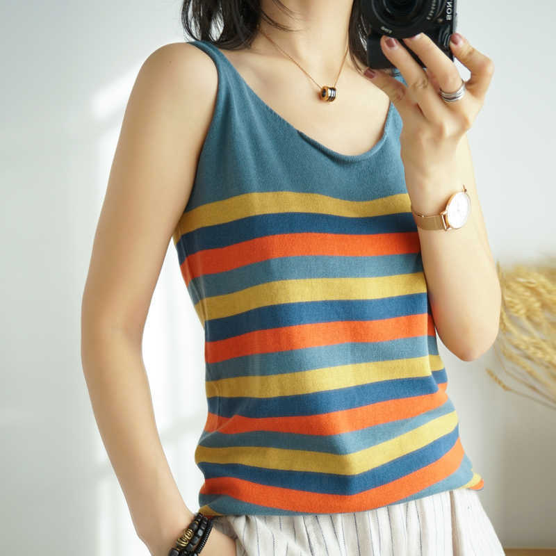 100% Cotton T-Shirt Base Wild Short Paragraph Loose Striped Sweater Vest Female Summer Outerwear Women's Pullover Sweater 210625